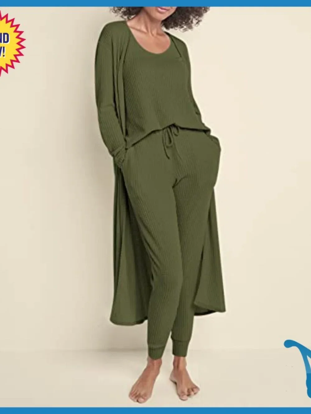 Waffle Knit 3-Piece Lounge Set with Cardigan, Loose Fit, X-Large